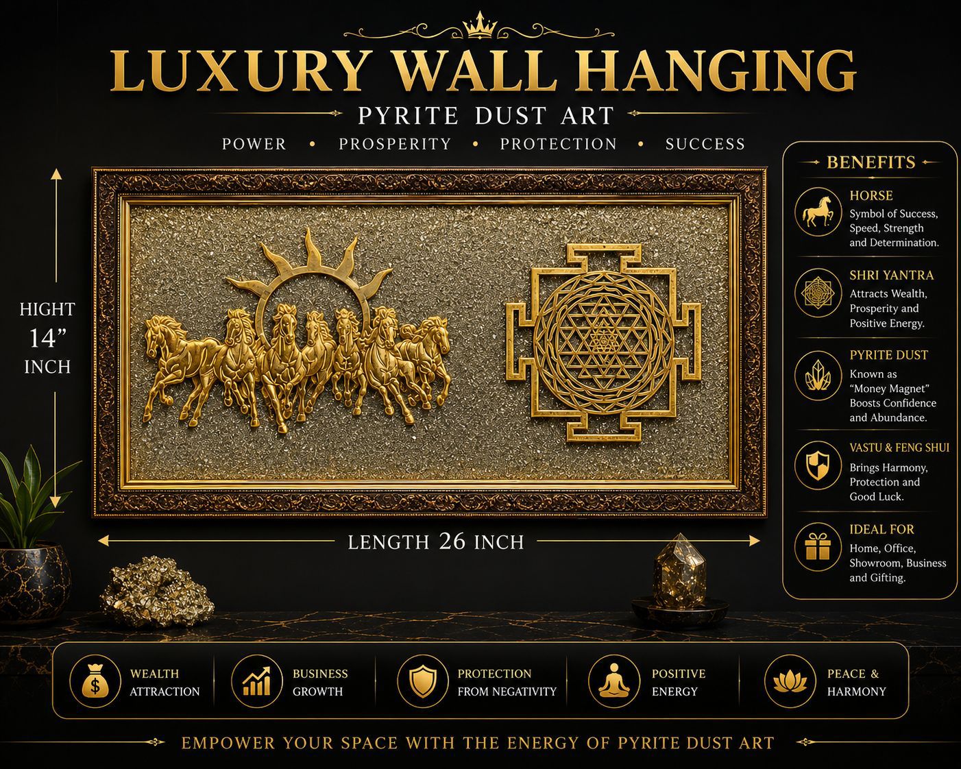 Luxury Pyrite Dust Art Wall Hanging with Shri Yantra & 7 Horses