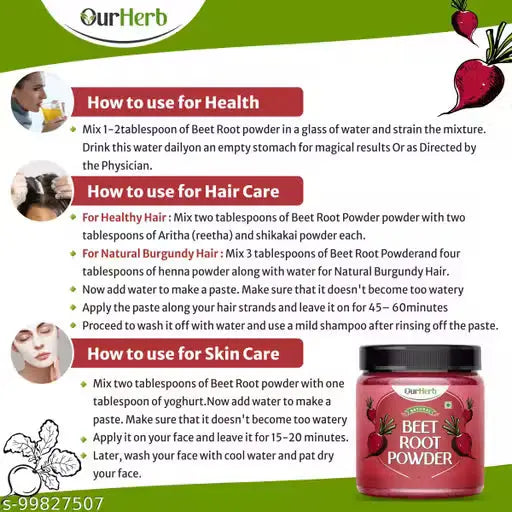 Beetroot Powder for Skin & Hair (200g) – Natural Brightening & Glow