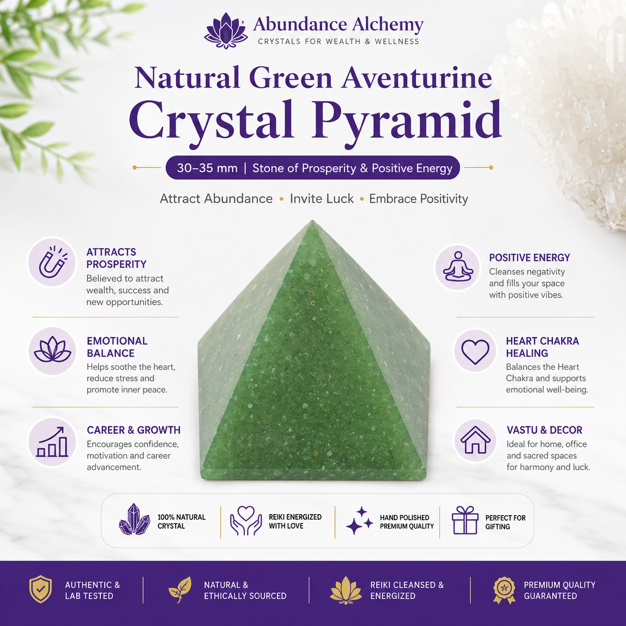 Natural Green Aventurine Crystal Pyramid 30–35 mm