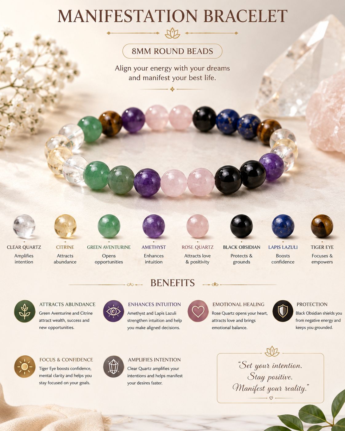 Manifestation Bracelet for Abundance, Protection & Positive Energy | Crystal Healing Bracelet