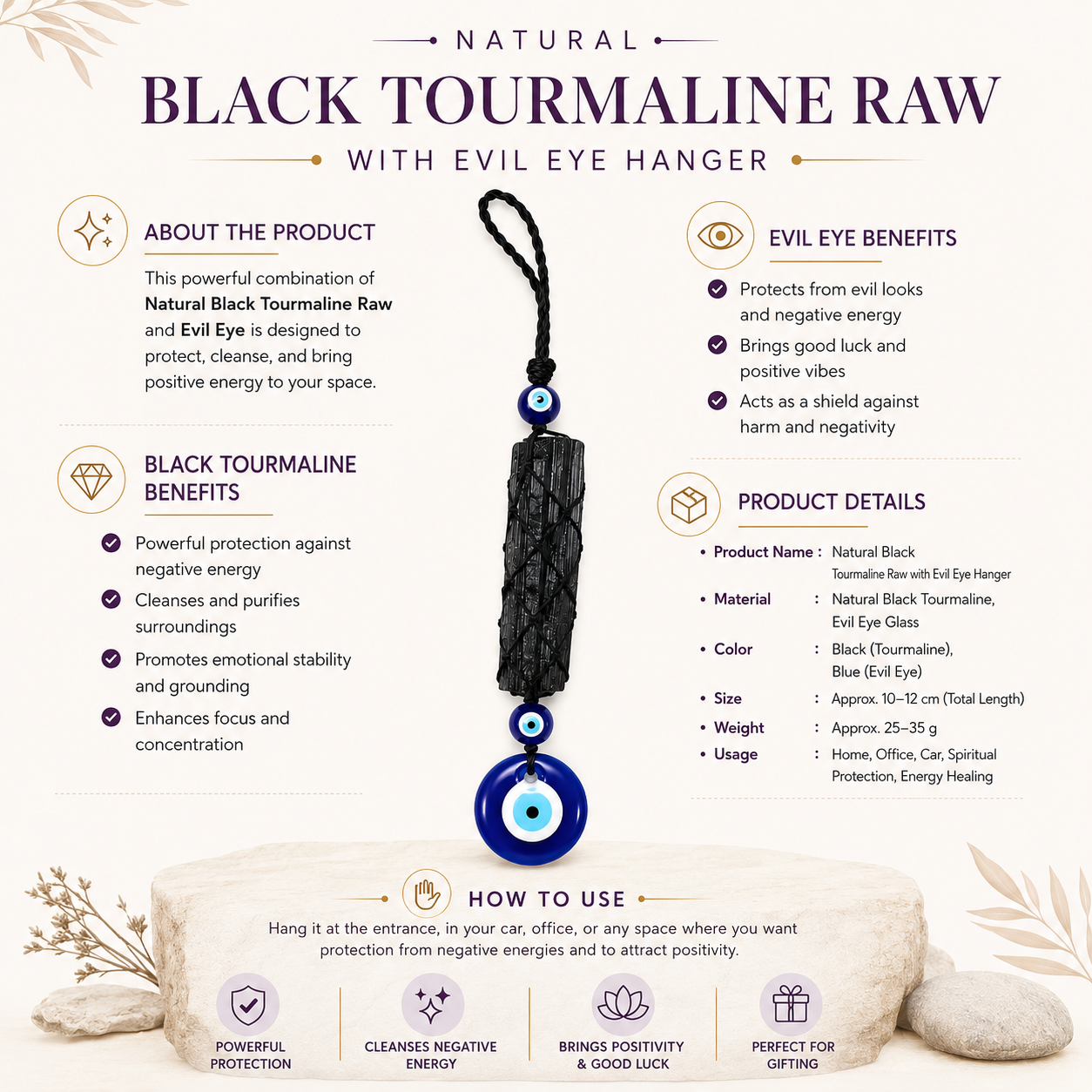 Natural Black Tourmaline Raw with Evil Eye Hanger