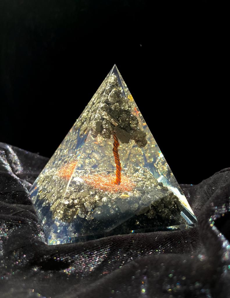 Pyrite Tree Orgonite Pyramid for Wealth, Prosperity & Protection | Handmade Energy Crystal Decor