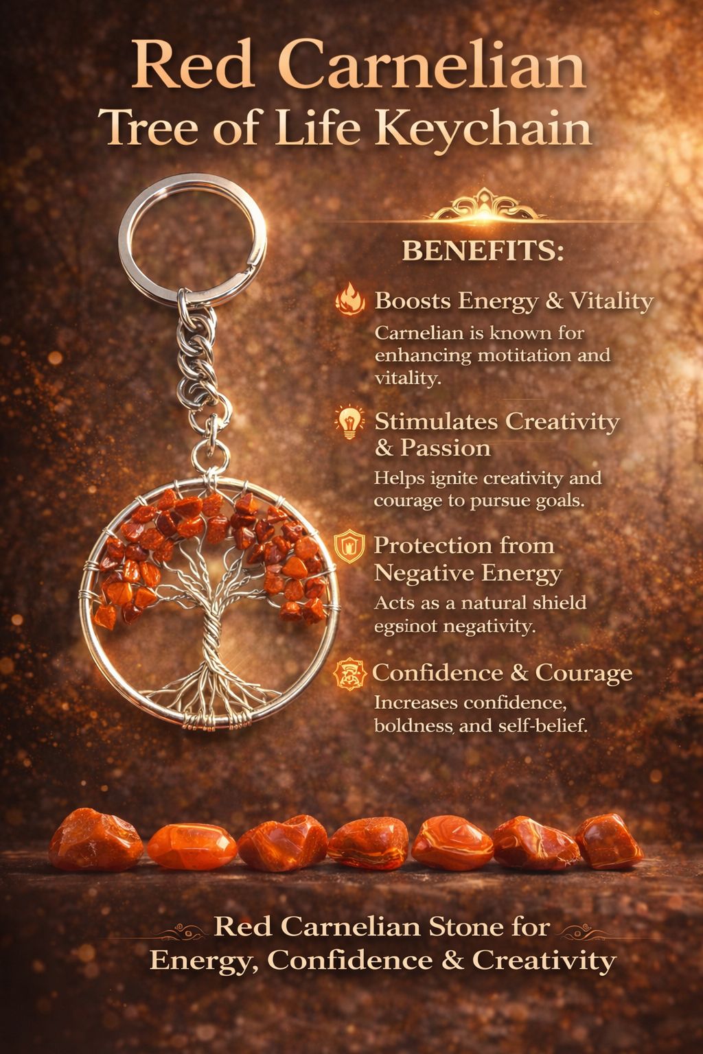 Tree of Life Crystal Keychain โ Natural Healing Stone Keychain for Luck, Wealth, Protection & Positive Energy