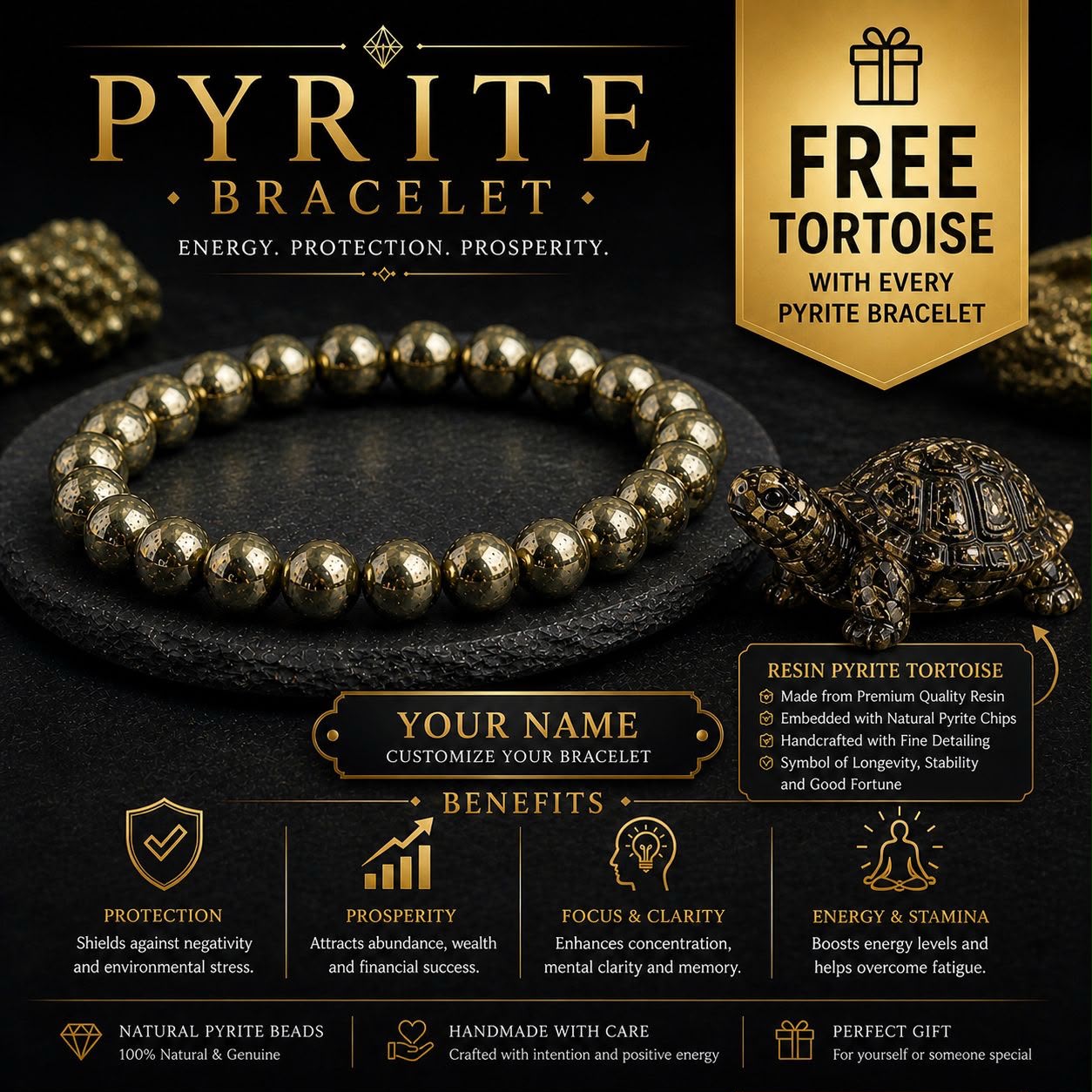 Personalized Pyrite Bracelet with FREE Resin Pyrite Tortoise Energy โข Protection โข Prosperity