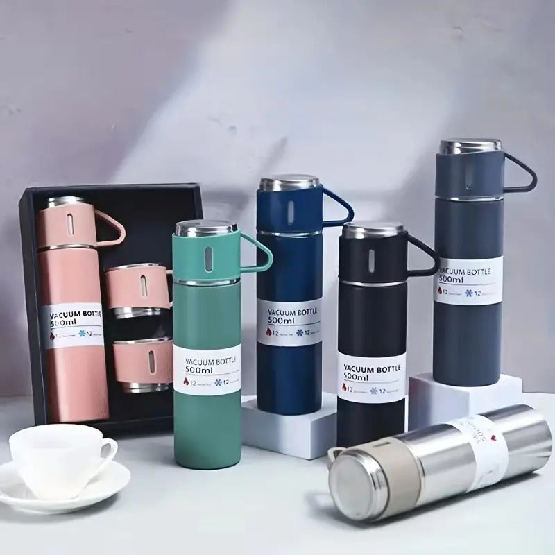 Double-Wall Stainless Steel Insulated Flask with Matching Cups | Hot & Cold Water Bottle | Leakproof Thermos for Travel, Office & Home