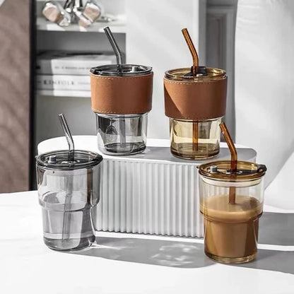 Big Size GLASS MUG WITH STRAW AND COVER {Set of 2}