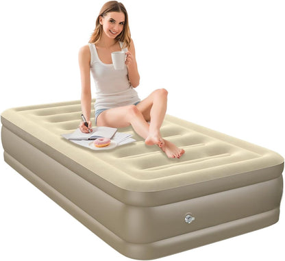 Premium Single Air Mattress with Built-in Electric Pump - Waterproof Flocked Top, Portable Inflatable Bed for Home & Camping
