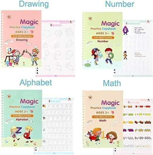 Sank Magic Practice Copybook (Set of 4) with 10 Refills | Reusable Montessori Handwriting Grooved Kit for Kids