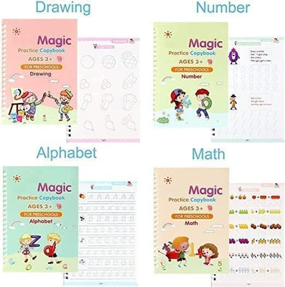 Sank Magic Practice Copybook (Set of 4) with 10 Refills | Reusable Montessori Handwriting Grooved Kit for Kids