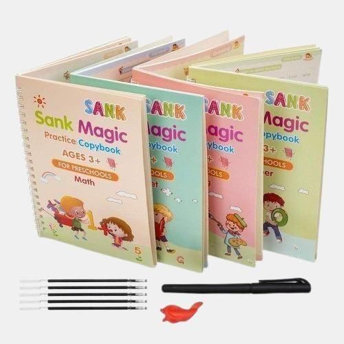 Sank Magic Practice Copybook (Set of 4) with 10 Refills | Reusable Montessori Handwriting Grooved Kit for Kids