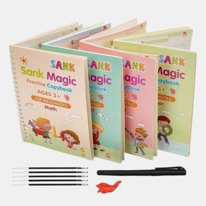Sank Magic Practice Copybook (Set of 4) with 10 Refills | Reusable Montessori Handwriting Grooved Kit for Kids