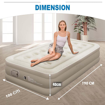 Premium Single Air Mattress with Built-in Electric Pump - Waterproof Flocked Top, Portable Inflatable Bed for Home & Camping