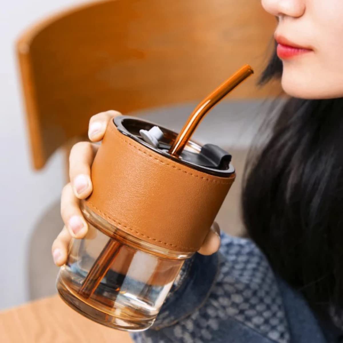 Big Size GLASS MUG WITH STRAW AND COVER {Set of 2}