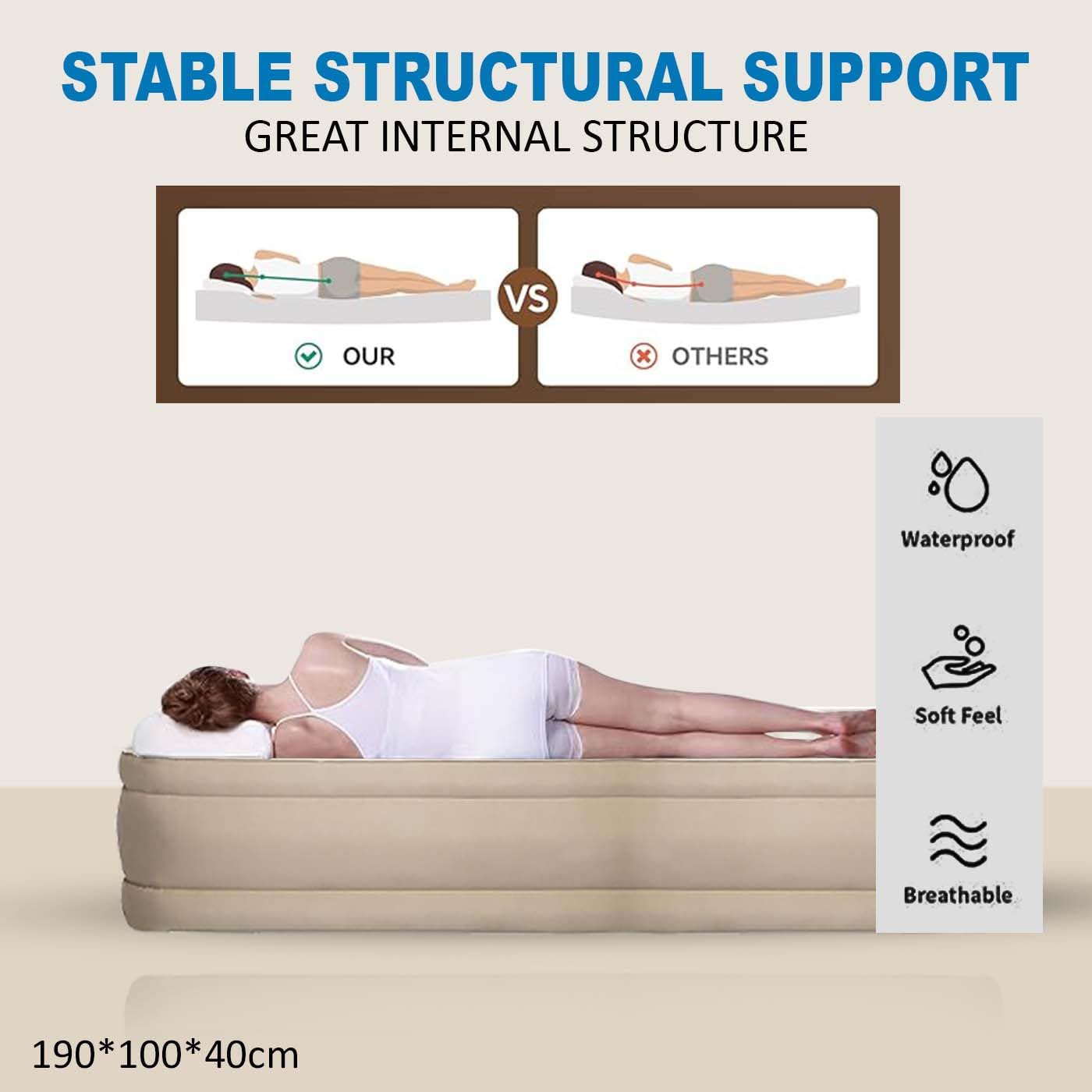 Premium Single Air Mattress with Built-in Electric Pump - Waterproof Flocked Top, Portable Inflatable Bed for Home & Camping