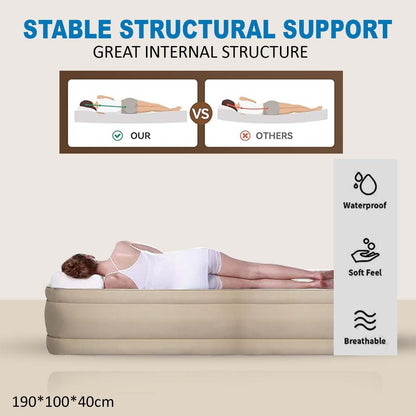 Premium Single Air Mattress with Built-in Electric Pump - Waterproof Flocked Top, Portable Inflatable Bed for Home & Camping