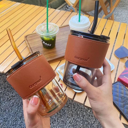 Big Size GLASS MUG WITH STRAW AND COVER {Set of 2}