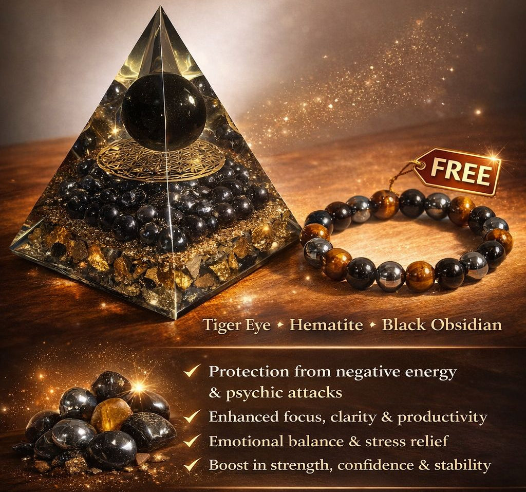 Triple Protection Pyramid Crystal + FREE Bracelet | Blocks Negative Energy, Boosts Focus & Confidence | Tiger Eye, Hematite, Obsidian