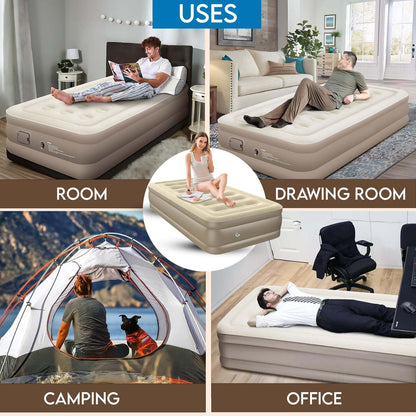 Premium Single Air Mattress with Built-in Electric Pump - Waterproof Flocked Top, Portable Inflatable Bed for Home & Camping