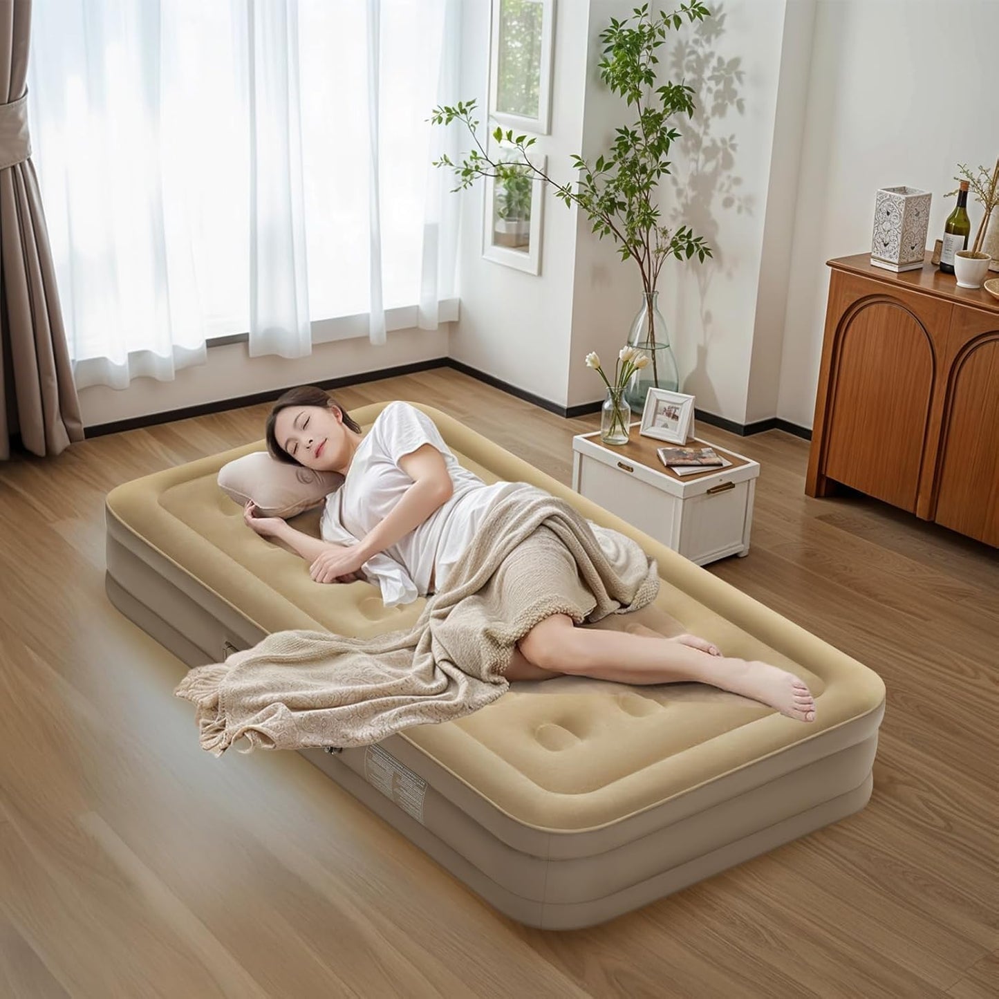Premium Single Air Mattress with Built-in Electric Pump - Waterproof Flocked Top, Portable Inflatable Bed for Home & Camping