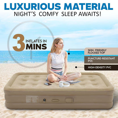 Premium Single Air Mattress with Built-in Electric Pump - Waterproof Flocked Top, Portable Inflatable Bed for Home & Camping