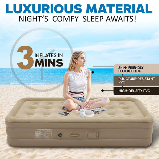 Premium Single Air Mattress with Built-in Electric Pump - Waterproof Flocked Top, Portable Inflatable Bed for Home & Camping