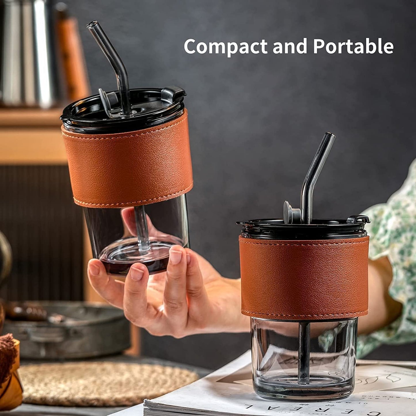 Big Size GLASS MUG WITH STRAW AND COVER {Set of 2}