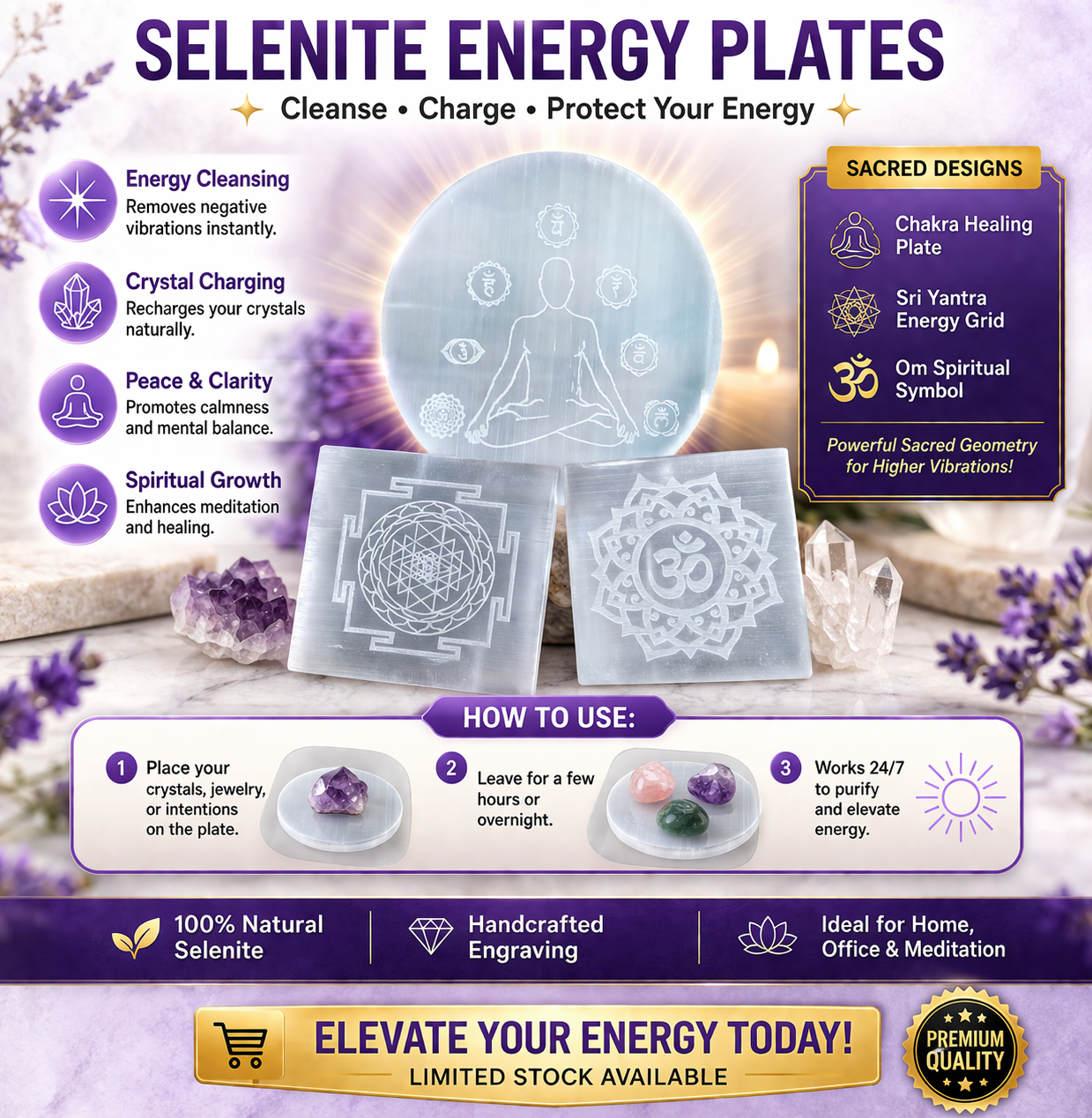 Selenite Energy Plate (Chakra / Sri Yantra / Om) – Crystal Charging & Energy Cleansing Board for Meditation, Healing & Positive Vibes