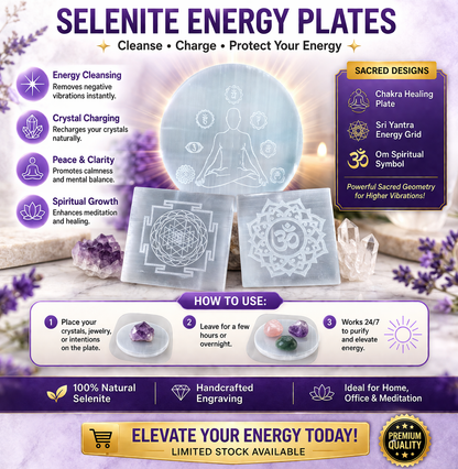 Selenite Energy Plate (Chakra / Sri Yantra / Om) – Crystal Charging & Energy Cleansing Board for Meditation, Healing & Positive Vibes