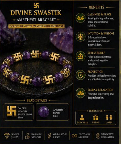Divine Swastik Bracelet Collection - Tiger Eye & Obsidian, Green Jade, Amethyst, Malachite, and Lava Stone