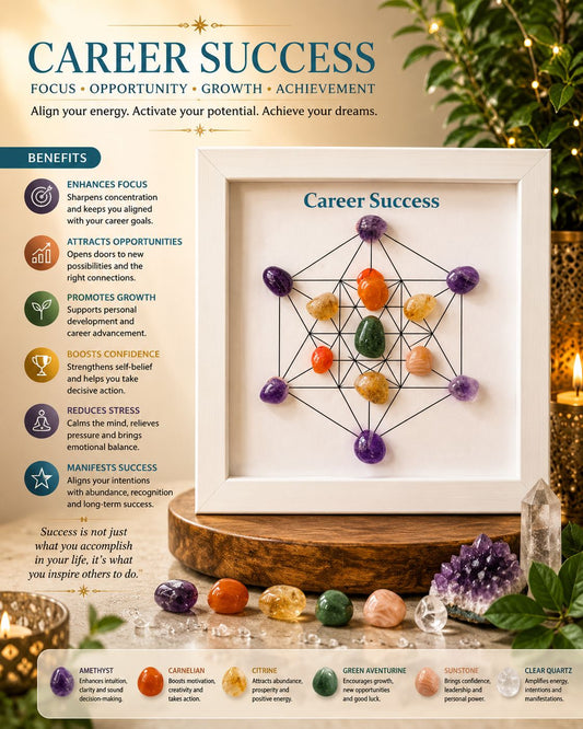 Career Success Crystal Grid Frame – Focus, Opportunity, Growth & Achievement | Success & Abundance Crystal Wall Art