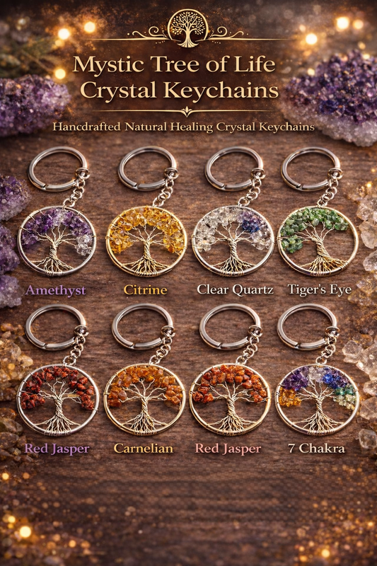 Tree of Life Crystal Keychain – Natural Healing Stone Keychain for Luck, Wealth, Protection & Positive Energy