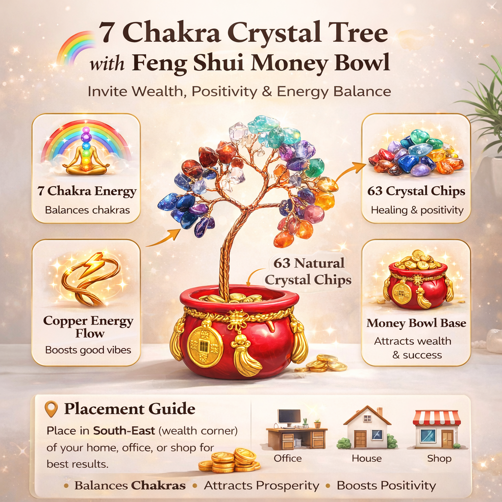 Seven Chakra Crystal Tree with Feng Shui Money Bowl (63 Chips) | Wealth, Prosperity & Positive Energy Decor for Home & Office