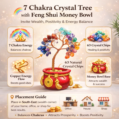 Seven Chakra Crystal Tree with Feng Shui Money Bowl (63 Chips) | Wealth, Prosperity & Positive Energy Decor for Home & Office