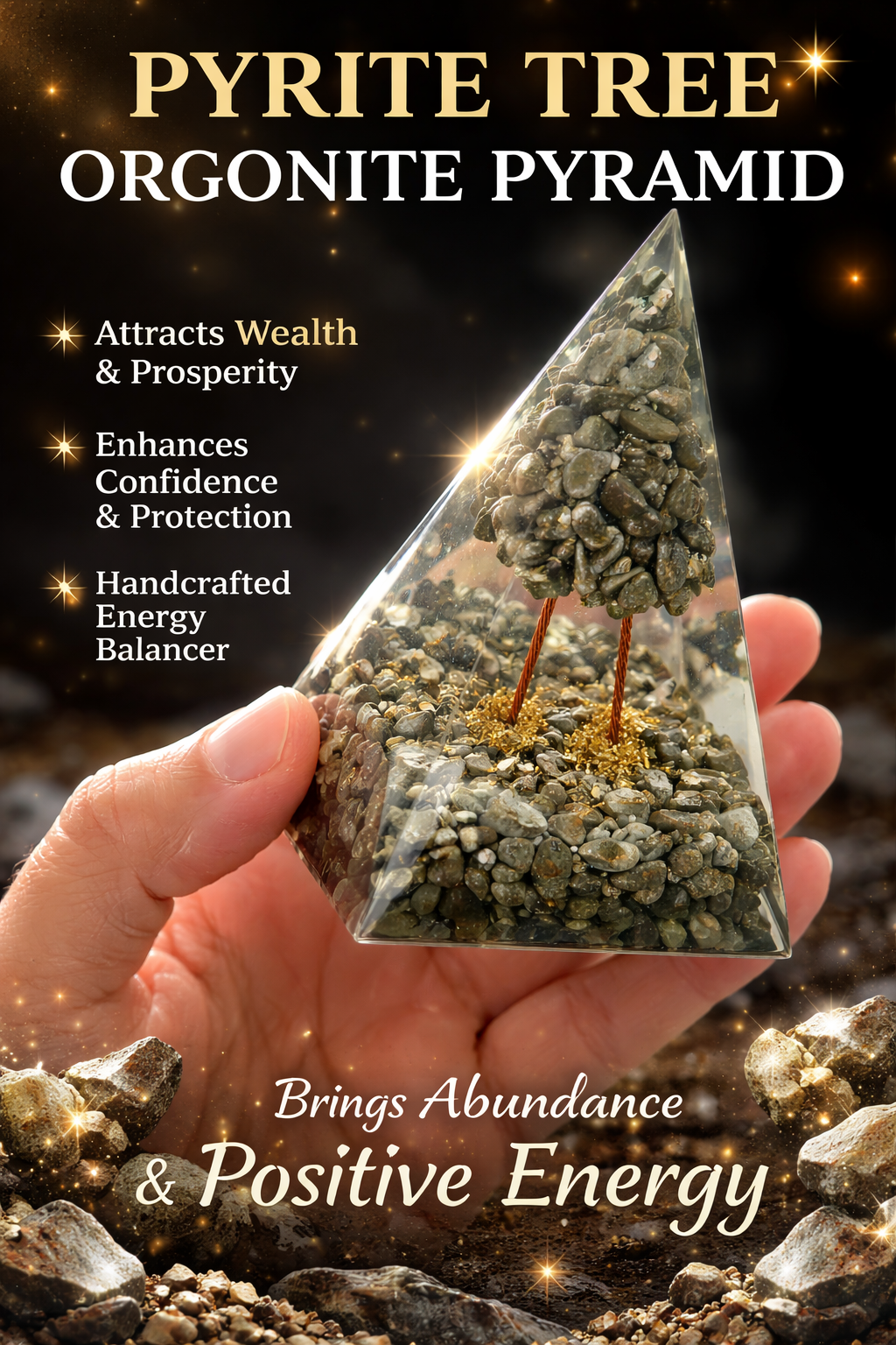 Pyrite Tree Orgonite Pyramid for Wealth, Prosperity & Protection | Handmade Energy Crystal Decor