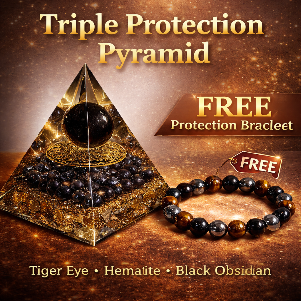 Triple Protection Pyramid Crystal + FREE Bracelet | Blocks Negative Energy, Boosts Focus & Confidence | Tiger Eye, Hematite, Obsidian