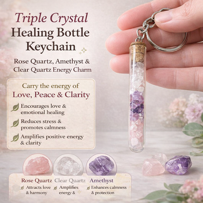Triple Crystal Healing Bottle Keychain (Rose Quartz, Amethyst, Clear Quartz) – Love, Calmness & Positive Energy Charm | Spiritual Protection Key Ring