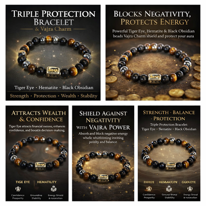 Triple Protection Bracelet with Vajra Charm – Tiger Eye | Hematite | Black Obsidian
