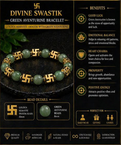 Divine Swastik Bracelet Collection - Tiger Eye & Obsidian, Green Jade, Amethyst, Malachite, and Lava Stone