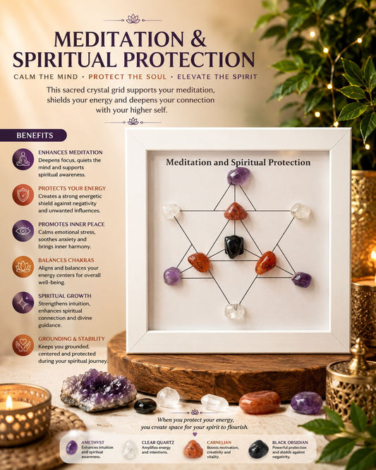 Meditation & Spiritual Protection Crystal Grid Frame – Inner Peace, Energy Protection & Spiritual Growth | Sacred Crystal Wall Art