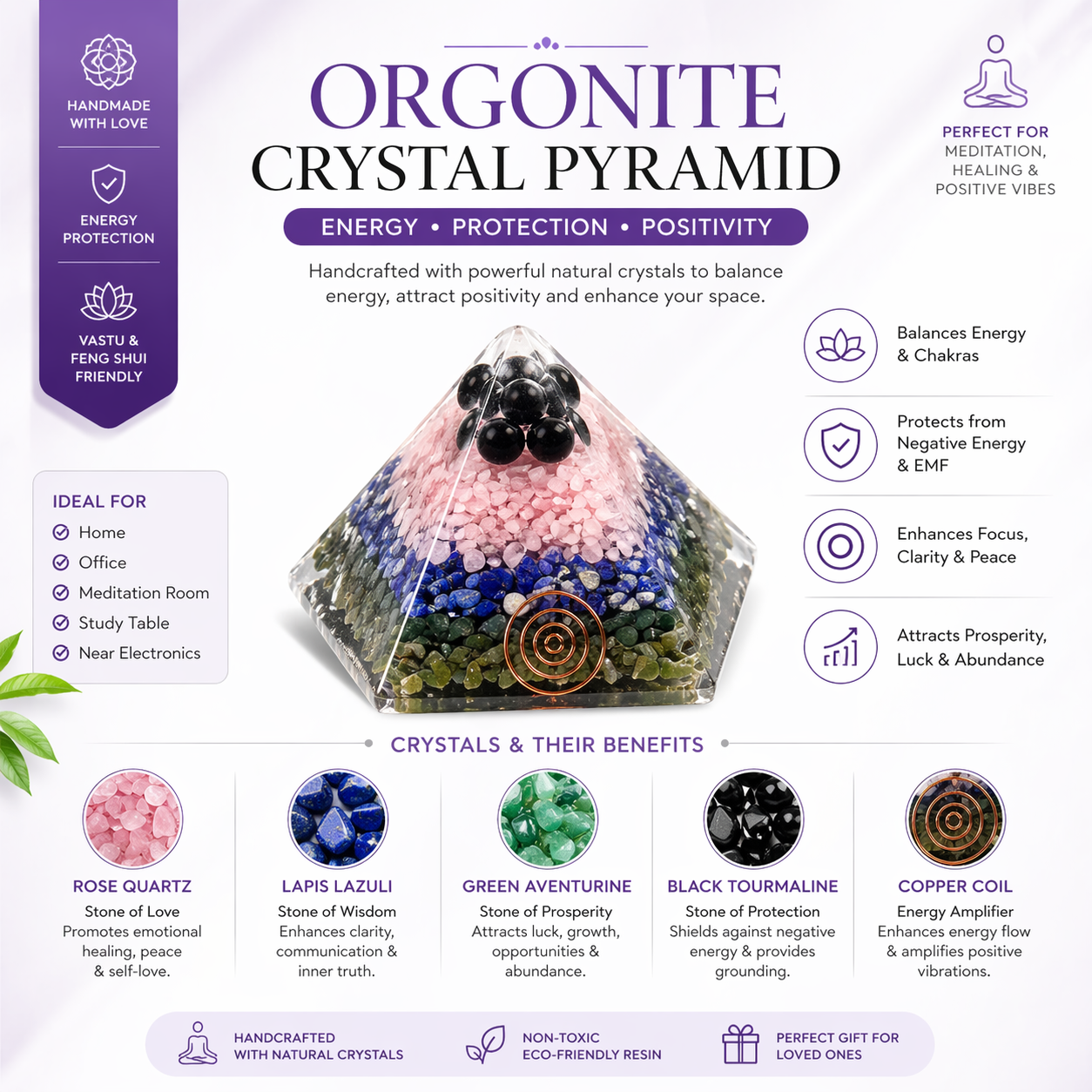 Handcrafted Orgonite Crystal Pyramid for Vastu, Healing & Protection | Rose Quartz, Lapis Lazuli, Green Aventurine & Black Tourmaline | EMF Protection Energy Generator