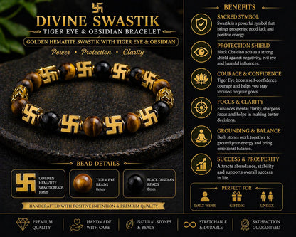 Divine Swastik Bracelet Collection - Tiger Eye & Obsidian, Green Jade, Amethyst, Malachite, and Lava Stone