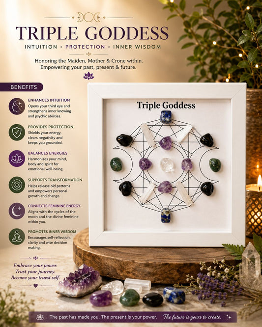 Triple Goddess Crystal Grid Frame – Intuition, Protection & Inner Wisdom | Sacred Feminine Energy Crystal Wall Art