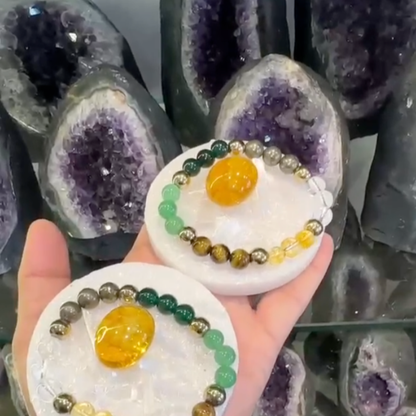 Business Growth & Money Energy Combo – Citrine, Selenite Charging Plate & DhanYog Bracelet for Wealth, Cashflow, Success & Confidence