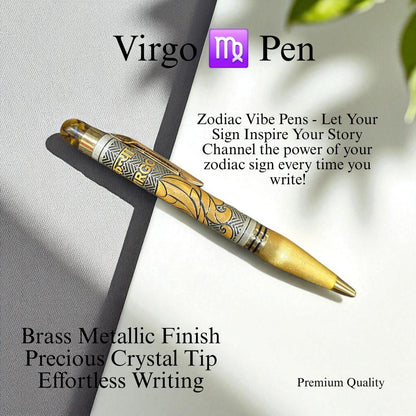 Zodiac Vibe Pen – Brass Metallic Finish with Precious Crystal Tip