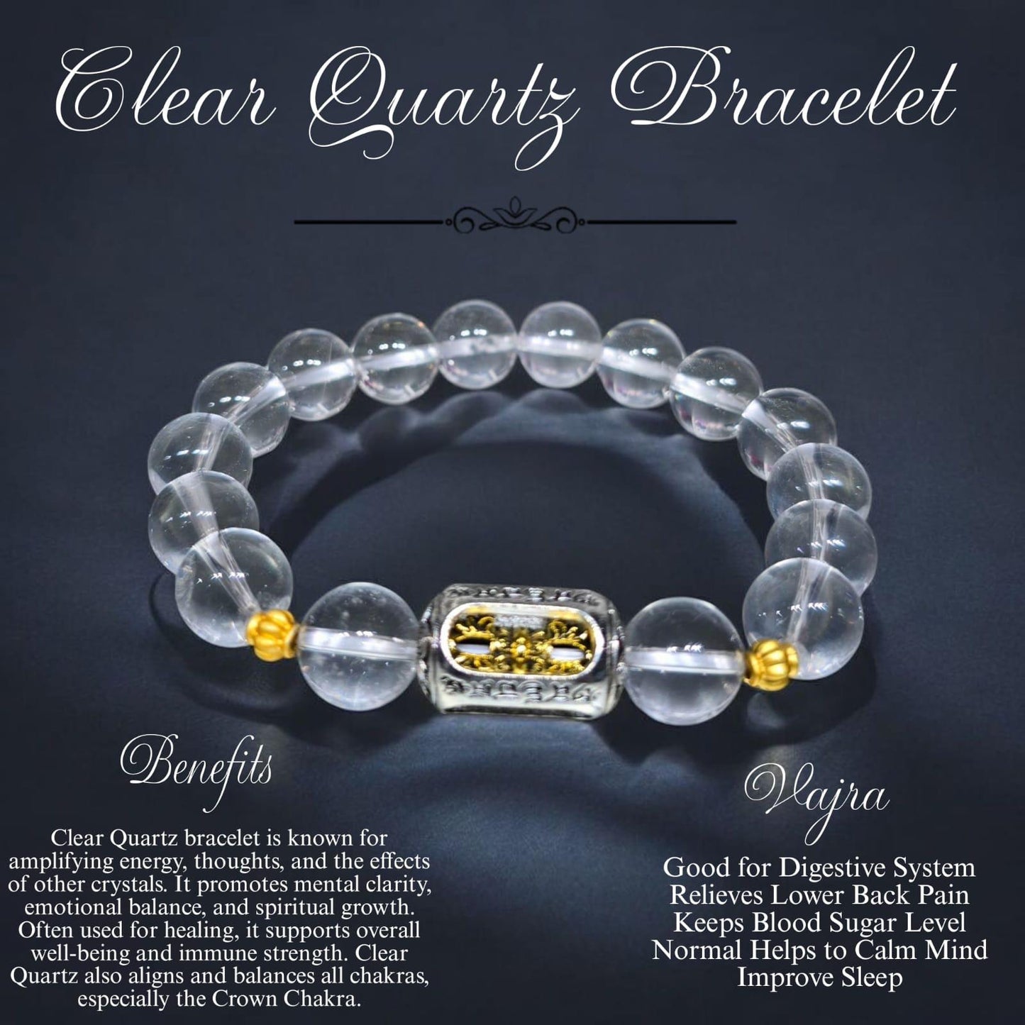 Clear Quartz Bracelet with Vajra Charm – Reiki Energised Crystal Bracelet for Clarity, Healing & Chakra Balance