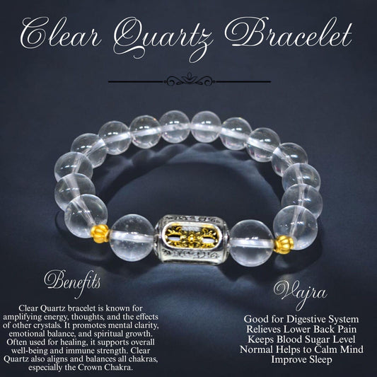 Clear Quartz Bracelet with Vajra Charm – Reiki Energised Crystal Bracelet for Clarity, Healing & Chakra Balance