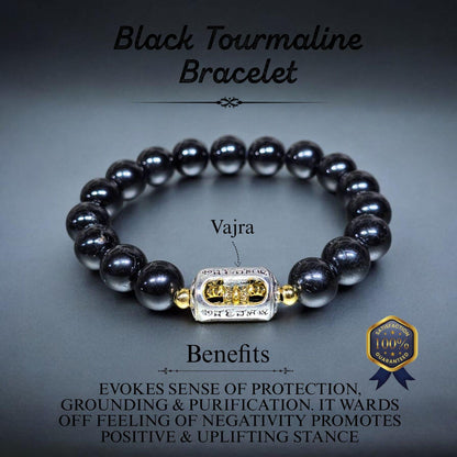Black Tourmaline Bracelet with Vajra | Protection, Grounding & Energy Shield | Reiki Energized Healing Bracelet