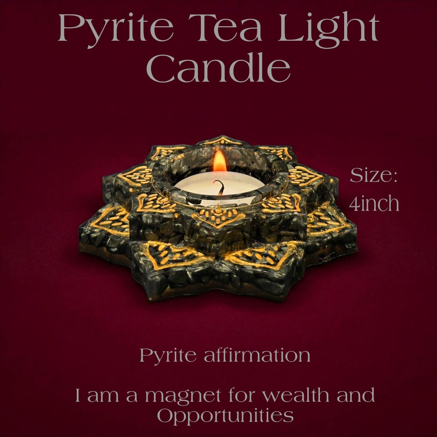 Pyrite Tea Light Candle Holder 4 Inch – Wealth & Prosperity Crystal Decor | Abundance Energy Candle Holder for Home & Office