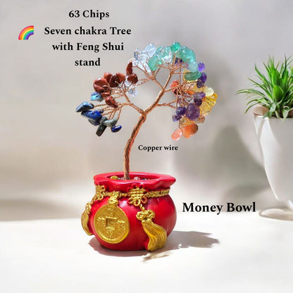Seven Chakra Crystal Tree with Feng Shui Money Bowl (63 Chips) | Wealth, Prosperity & Positive Energy Decor for Home & Office