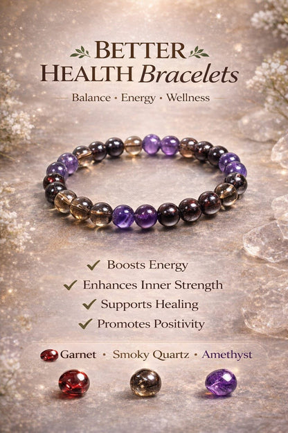 Better Health Bracelet with Garnet, Smoky Quartz & Amethyst | Natural Healing Crystal Bracelet for Energy, Balance & Positivity